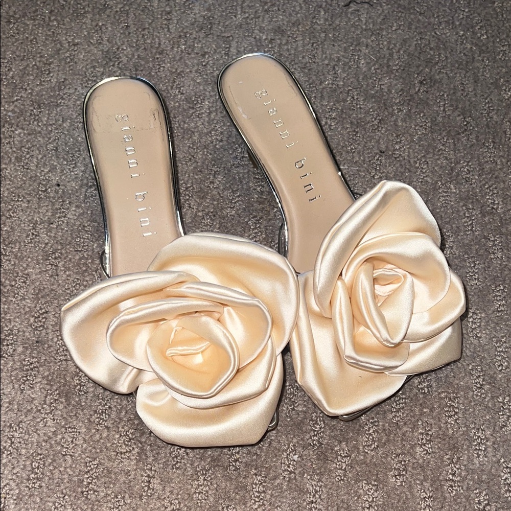 Gianni Bini Cream Satin Rose Mules